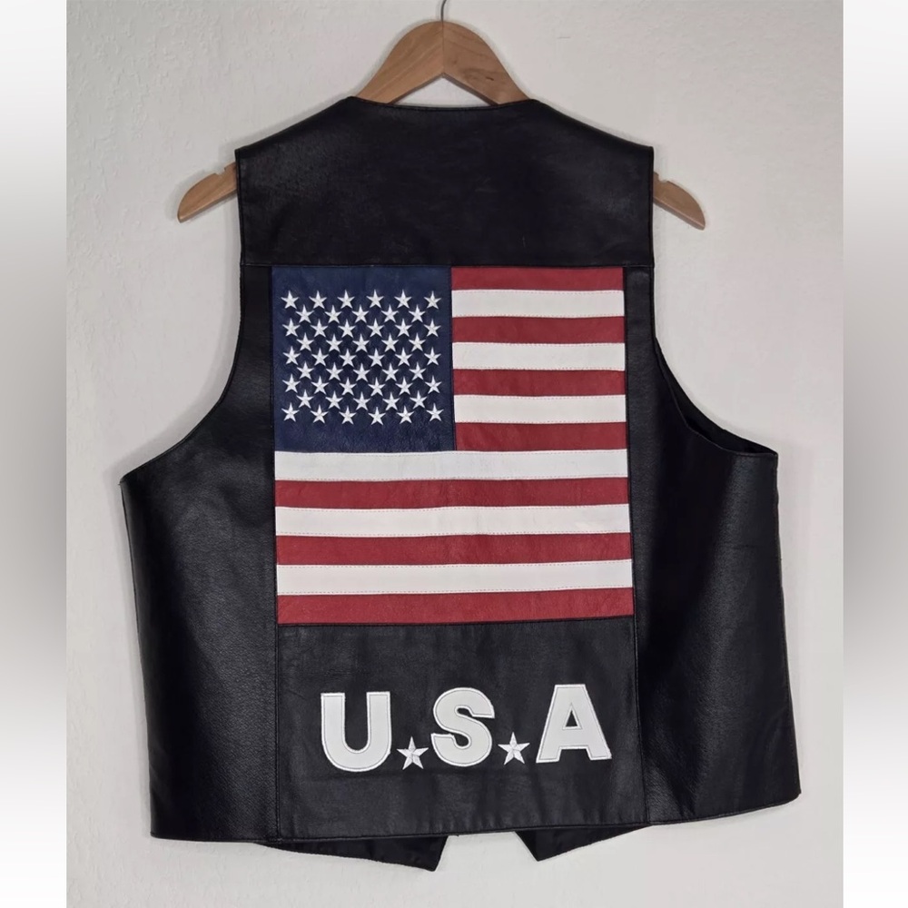 Vintage WILDA Genuine Leather Biker Vest New York USA Patriotic Size XL Mens